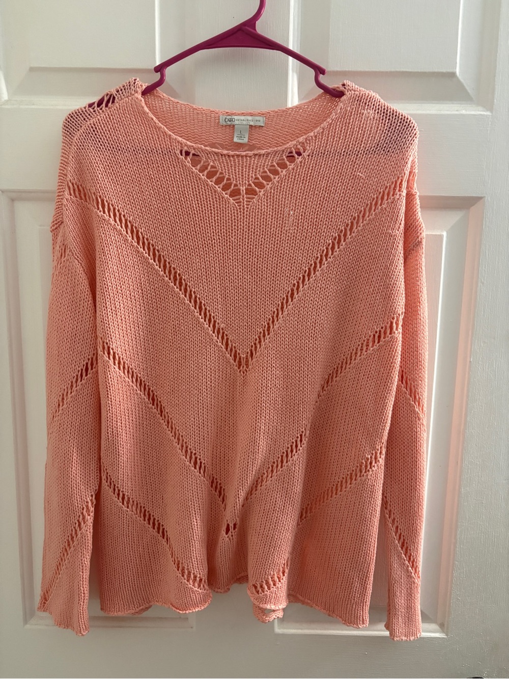 Cato Open-Knit Chevron Sweater — Peach